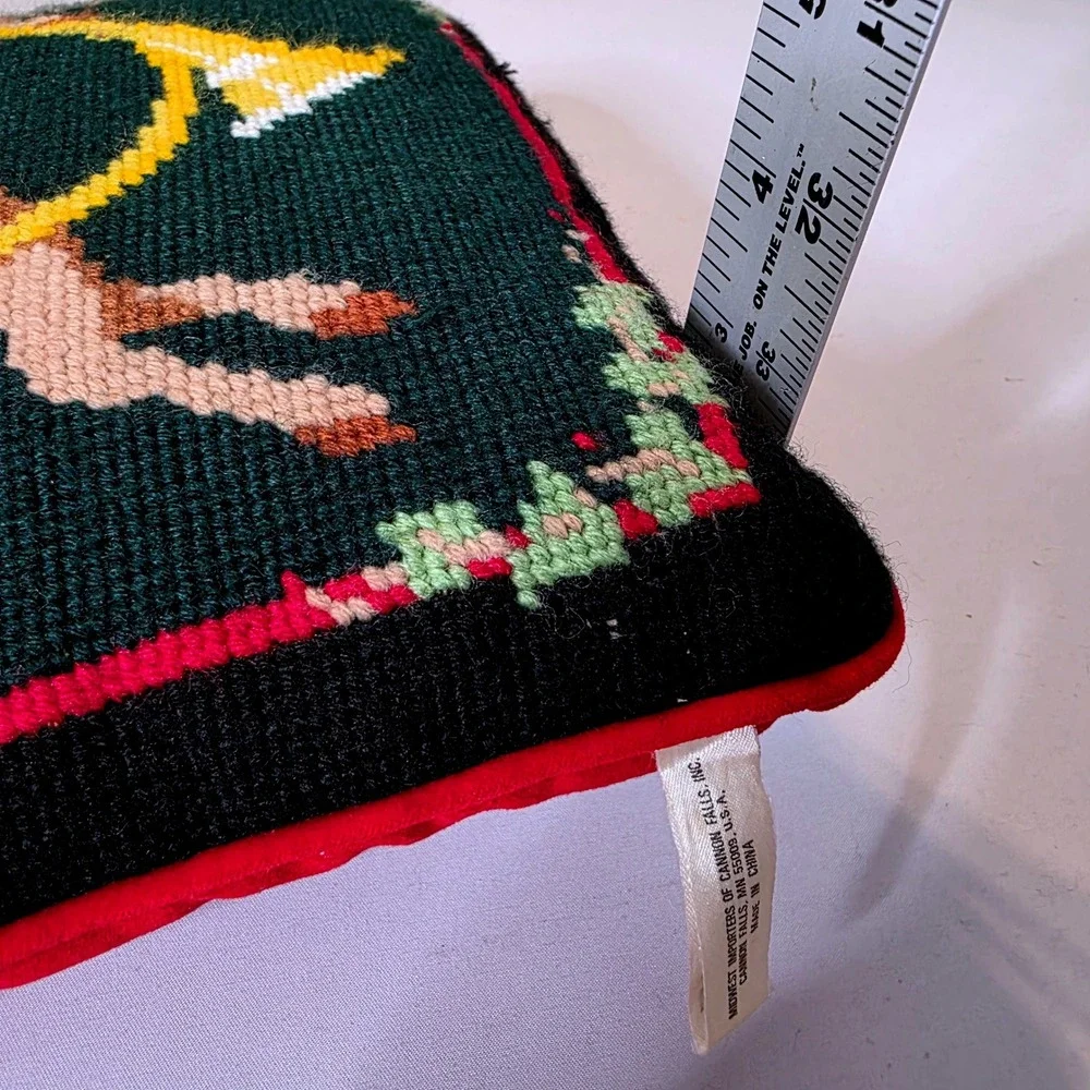 Vtg Reindeer Horn Needlepoint Christmas Pillow Green Red Velvet Midwest Importrs